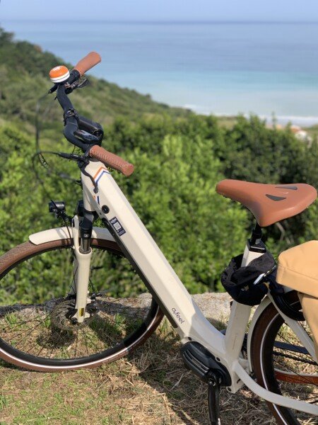 Vélo de ville électrique avec sacoche sac à dos image