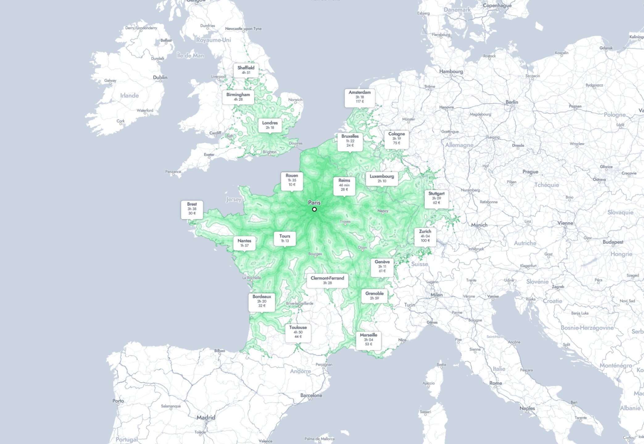 Carte Chronotrains - destinations accessibles en train depuis Paris avec un gravel