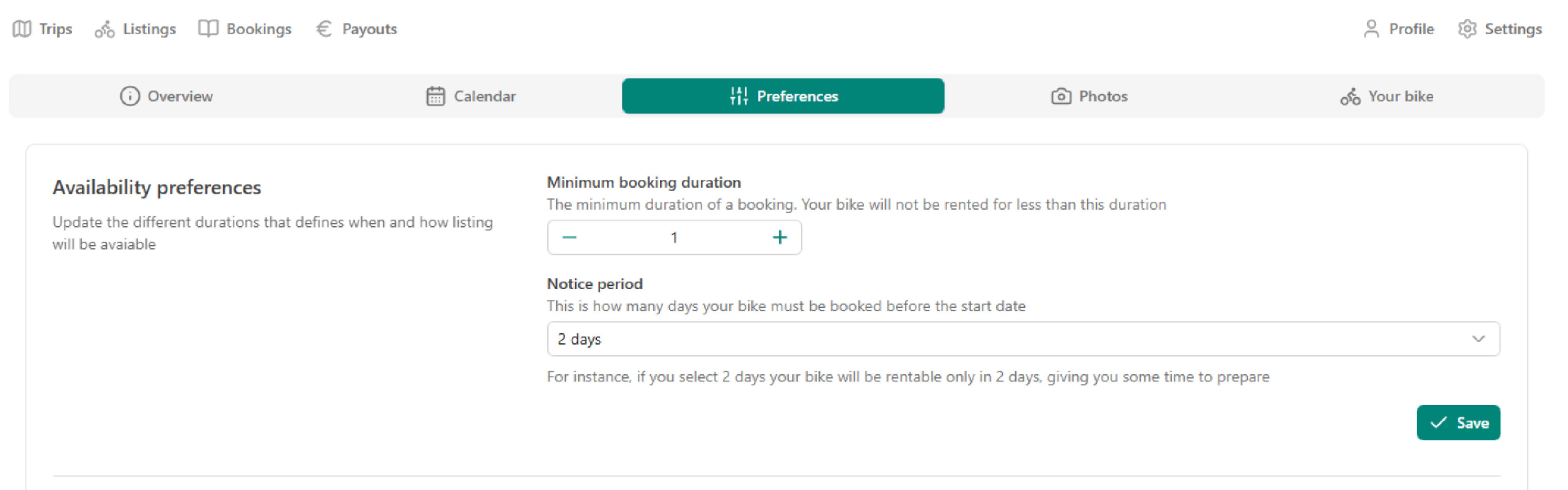 Listing availability settings